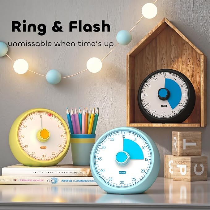 Visual Timer for Kids 60-Minute - Countdown Timer with Optional Alarm, Focus Tool for ADHD & Autism, Time Management for Homework, Chores, Office, Kitchen, Teaching & Study Routines (Blue)