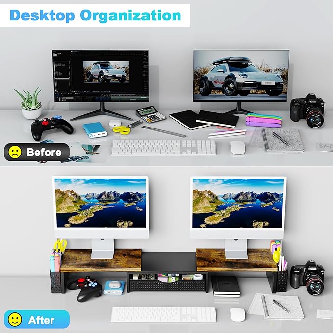 Spacrea Metal Desk Organizers and Accessories, Dual Monitor Stand Riser with Drawer and 2 Pen Holders, Desk Accessories & Workspace Desktop Organizers for Office Supplies (Wood)
