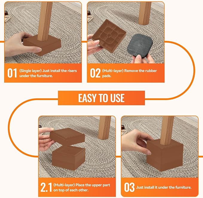 Furniture Risers, 4 Pack Bed Risers with Non-Slip Grip and Heavy Duty Support, 1 Inch 2 Inch 3 Inch 4 Inch Height Lift for Couch, Sofa, Table, Desk, Chair, Refrigerator - Brown, 1+1+1 Inch