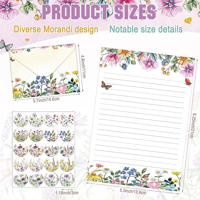 TaoBary 160 Pcs Stationery Paper Set 50 Double Sided Stationery Papers with 50 Matching Envelopes and 60 Round Dot Sticker, 10 Design(Wildflower,5.5 x 8.25 Inch)