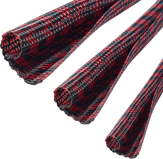 QCSIW Split Cable Sleeve, 3/8 inch 50ft Black Red Braided Wire Loom for Home Cable Management, Pet Chew Protection and DIY Cord Organizer for Desk and Home Theater