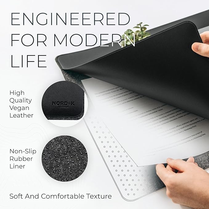 Nordik Felt and Leather Desk Mat Non-Slip - Black - 35 X 17 Inch - Felt and Vegan Leather Desk Pad - Document Organizers - Desk Blotter and Desktop Mat - Desk Protector Laptop Desk Matt for Desktop