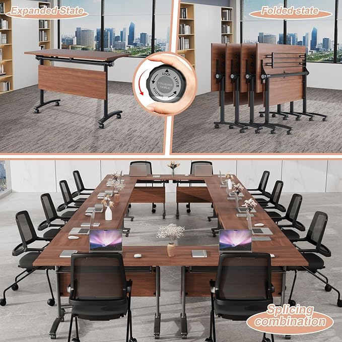 Conference Table Flip Top Mobile Conference Room Tables,Folding Conference Table with Wheels,Large Meeting Training Seminar Table Saving Space for Office Classroom(6D,55.1'')