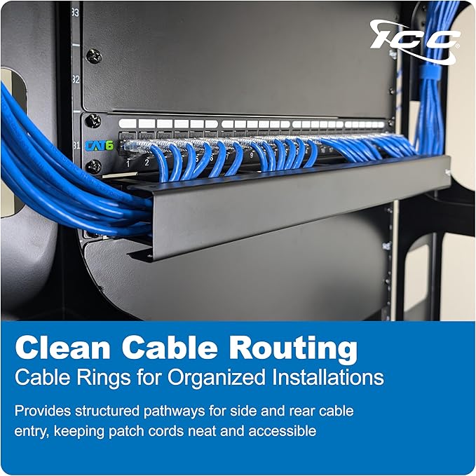 ICC 1U Ring Cable Manager Panel with Cover, Metal, 3" D-Rings, Horizontal Cable Management, Rackmount for 19” Network Racks, Black, 6-Pack