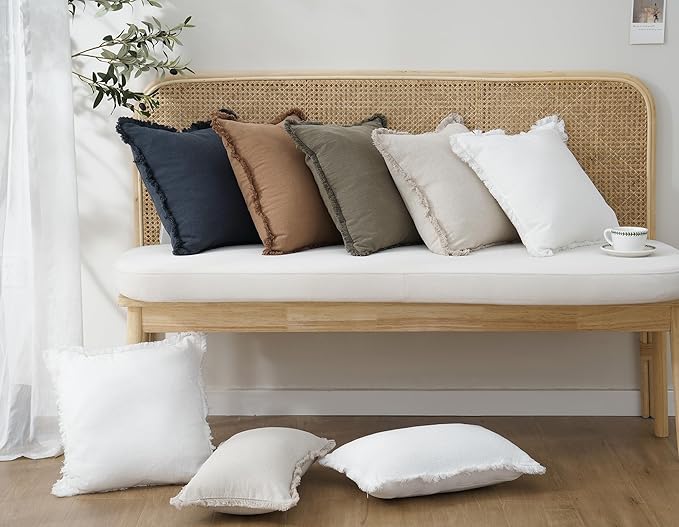 Foindtower Set of 2 Decorative Linen Fringe Throw Pillow Covers Cozy Farmhouse Boho Cushion Cover with Tassels Soft Accent Pillowcase for Couch Sofa Bed Living Room Home Decor 20×20 Inch Navy Blue
