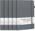 feela 5 Pack Journal Notebook Bulk for School, Hardcover Business Notebooks Classic Ruled Lined Journals with Pen Holder for Work Note Taking, with 5 Black Pens, 120 GSM, 5.1”x8.3”, A5, Gray