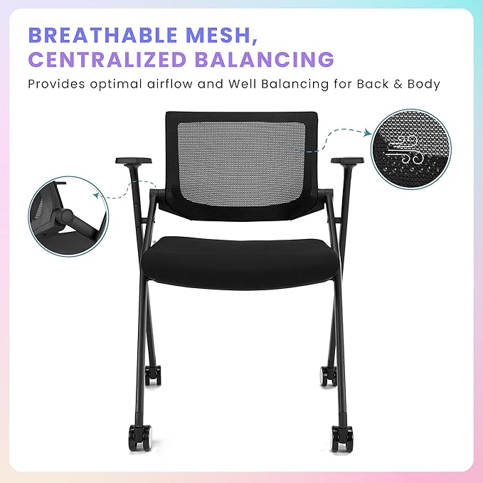 BROBRIYO 2 Pack Stackable Conference Room Chairs with Wheels and Paddle, Ergonomic Mesh Back and Arms for Meeting, Conference, Reception, Training Room & Home Office Desk Folding Chairs