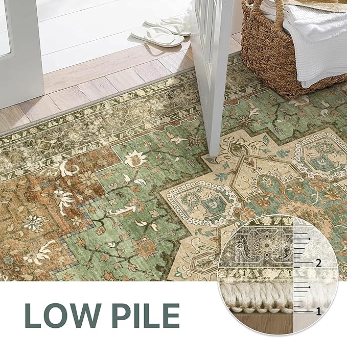 GENIMO 8x10 Area Rugs for Living Room, Machine Washable Rug, Non Slip Indoor Vintage Rug, Low Pile Lightweight Chenille Print Carpet for Bedroom Dining Room Home Office, Muted Green Brown