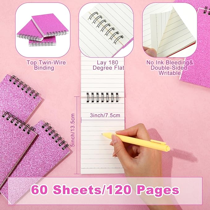 Tenceur 2 Pcs Pocket Notebook Small 3x5 Inch Spiral Notepads Mini Top Bound Notebook with Lined 120 Pages Ruled Memo Pads for Office College Nurse Essentials Back to School Gift (Glitter Pink)