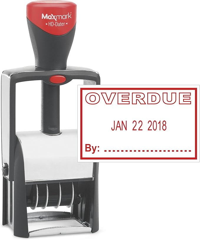 MaxMark Heavy Duty Self Inking Date Stamp with Phrase Overdue - Red Ink