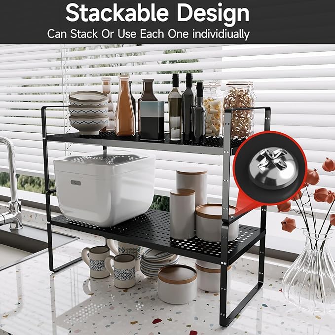 jkxoo Expandable Cabinet Shelf Organizers, Stackable Metal Shelves Extender for Kitchen Countertop Storage, Adjustable Spices Shelves Rack Stand for Cupboard Pantry, Black