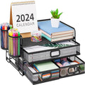 Marbrasse 3 Tier Mesh Desk Organizer with Drawer, Multi-Functional Desk Organizers and Accessories, Paper Letter Organizer with 2 Pen Holder for Home Office Supplies (Black)