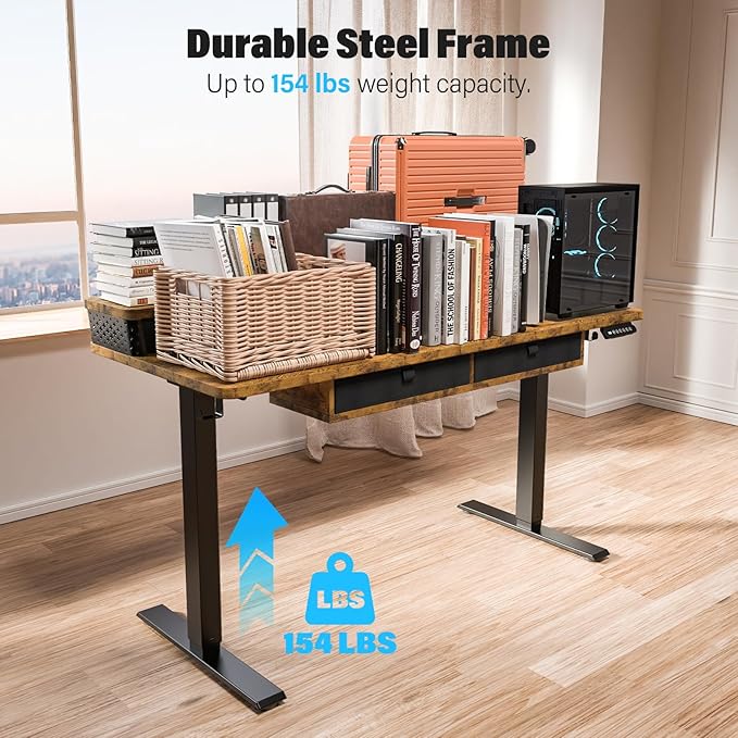 Kingant 40 x 24 Inch Electric Standing Desk with 4 Drawers, Height Adjustable Sit to Stand Computer Desk with Storage Shelf and C-Clamp Mount Compatibility for Home Office, Rustic Brown