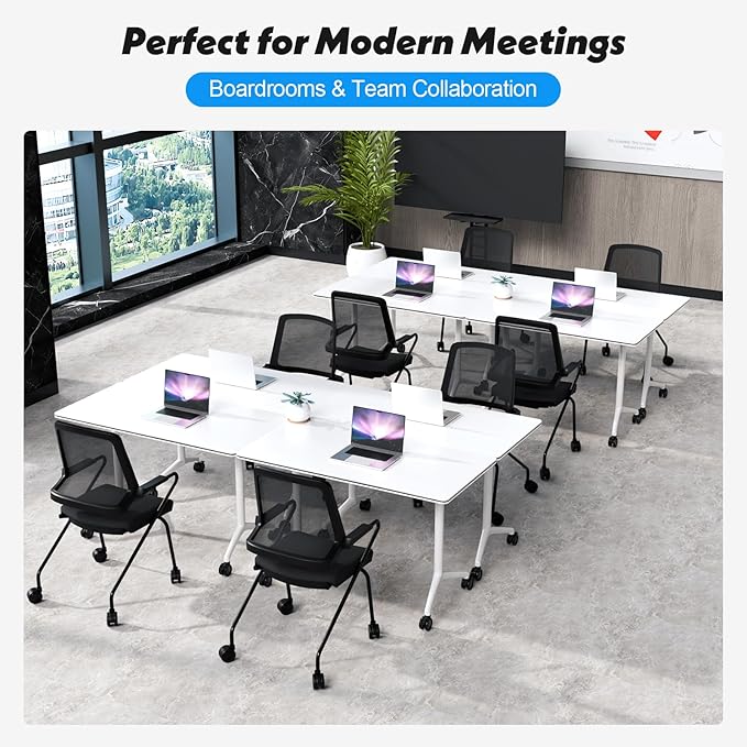 Goakwwuz Conference Room Table, Folding Conference Tables,Thicken Grey Tabletop,Flip Top Wooden Seminar Meeting Room Table for Conference Room Offices (6, White, 55.1”)