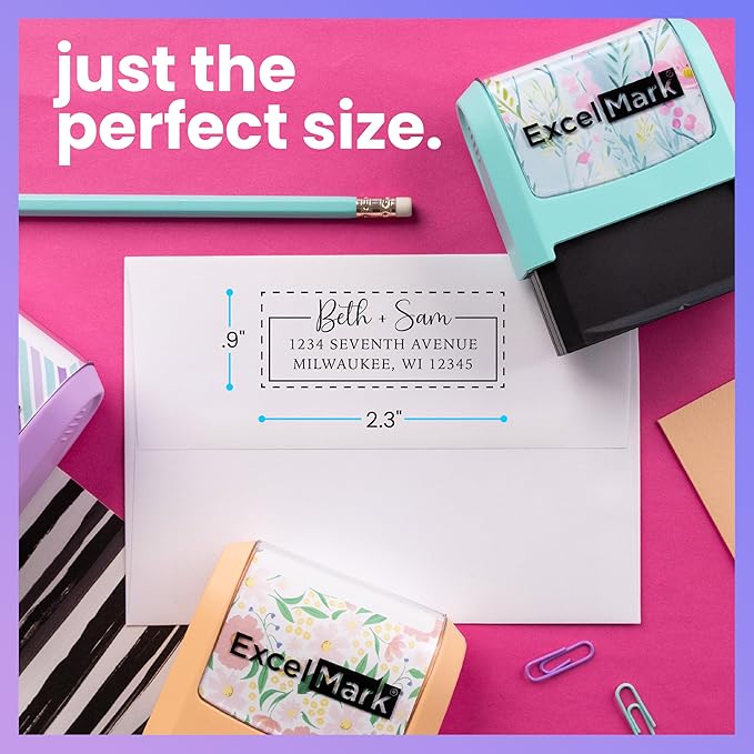 ExcelMark Address Stamp - Custom Return Address Stamp with Elegant Designs, Vibrant Colors & Patterns – Perfect for Mail, Invitations & Gifts (Black Mount, Signature Frame)