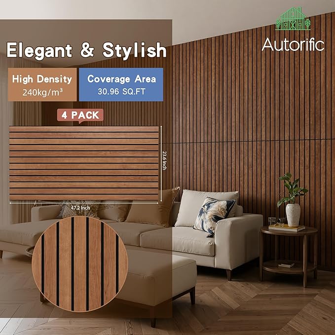 AUTORIFIC Wood Veneer Acoustic Panels, 4 Pack 47.2”x23.6” Sound Panels, Decorative Large Wood Panels for Wall, for Office,Home Theater,Studio,Living Room, Cherry(Mitred)