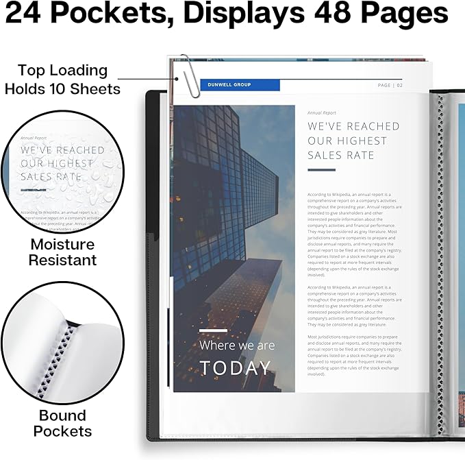 Dunwell Presentation Binder 24-Pocket, Displays 48 Pages, 8.5x11 Portfolio Binder with Plastic Sleeves, Storage and Organizer for Documents, Certificates, Projects, Photos (3 Pack, Black)
