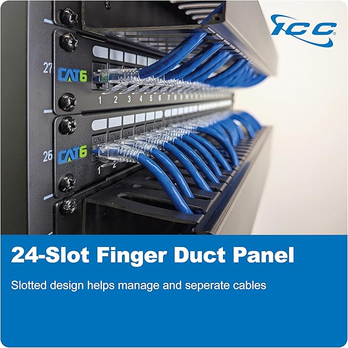 ICC 1U Finger Duct Cable Manager Panel with Cover, Plastic with Metal Back Frame, 5" Depth, Horizontal Cable Management, Rackmount for 19” Network Racks, Black, Single Pack