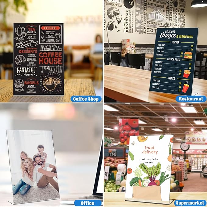 Laerjin Acrylic Sign Holder 4 x 6 - 16 Pack Slanted L-Shaped Photo & Menu Display Stand, Clear Plastic Frame with Side Loading Design - For Tabletop Signs in Cafés, Events, Retail