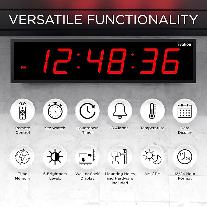 Ivation Huge Oversized 60" Large Digital LED Clock | Big Digital Clock w/Multi-Function Display – Stopwatch, Timer, Alarms, Temp & Date | 6 Brightness Levels, Time Memory & Remote (Red)