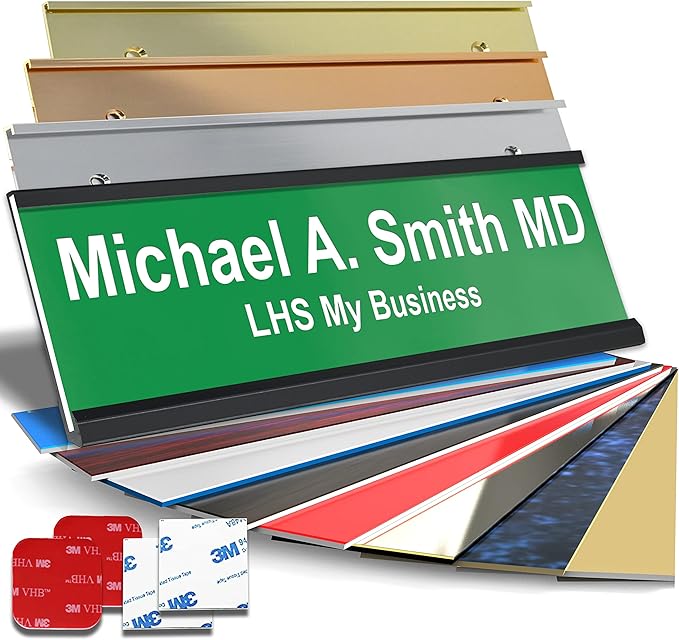 Custom Name Plate with Choice of Mounting for Walls, Doors, Desk Holders, Cubicles, Hanging and More - Personalized Green Plastic White Letters - USA Made 2x8 - B6