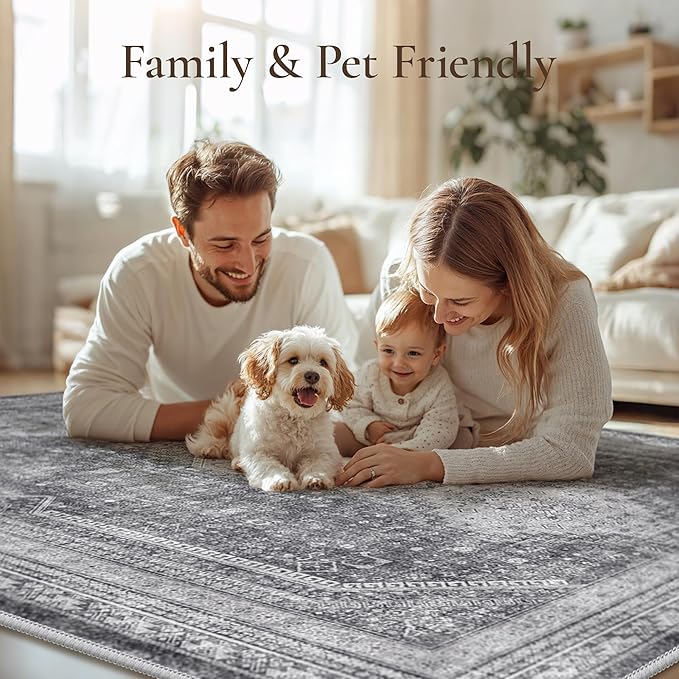 GENIMO 6x9 Area Rugs for Living Room, Machine Washable Non Slip Rugs, Low Pile Lightweight Print Rug for Bedroom, Dining Room, Home Office, Vintage Grey