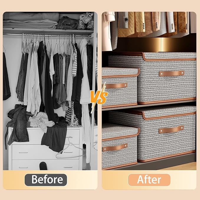 Tuza 2 Pack Storage Bins with Lids, Collapsible Closet Organizer Container, Fabric Organizer Box with Handles, Decorative Storage Boxes with Lids for Organizing Clothes, Blanket, Light Grey, Medium
