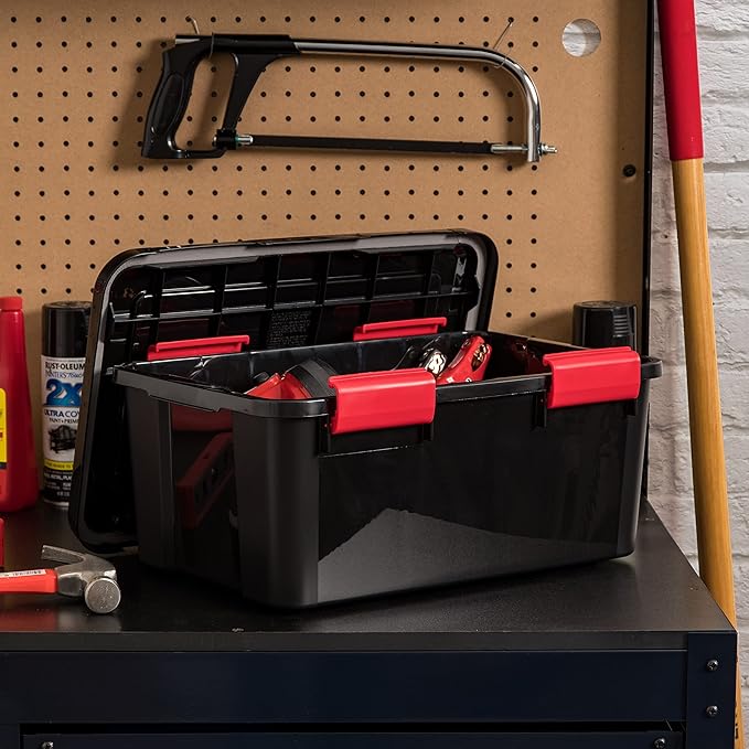 IRIS USA WeatherPro 19 Qt Storage Bins with Lids, 6 Pack, BPA-Free Plastic Gasket Box with Tight Latch and Seal, Stackable Nestable Tote Tub - Black/Red