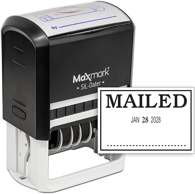 MaxMark Large Self-Inking Rubber Date Office Stamp with Mailed Phrase & Date - Black Ink, 12-Year Band - Style 3