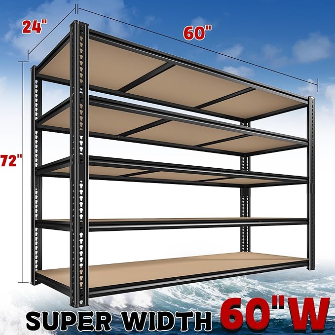 ROOMFAVE 3500LBS Garage Shelving 60" W Metal Shelving 72" H Storage Shelves Heavy Duty 5 Tier Adjustable Shelving Unit for Storage Rack Pantry Shelf Commercial,60" W x 24" D x 72" H,2PC