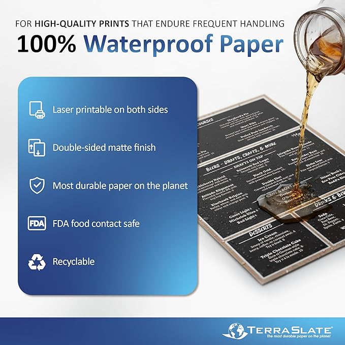 TerraSlate Premium Waterproof Paper, 5 MIL 8.5” x 11”, Laser Printer & Copy Machine Compatible, Durable & Rain/Weather-Proof Copy Paper, White Paper (25 Sheets)