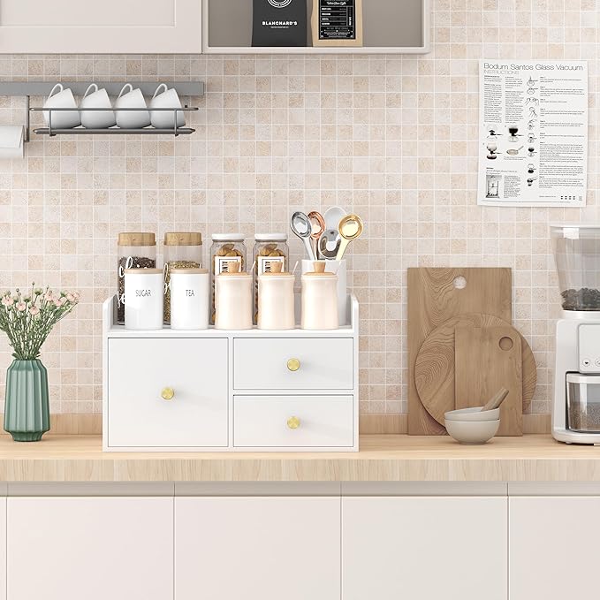 Bamboo Desk Organizer with Drawers Wooden Desktop Storage Drawers for Bills Office Supplies Kitchen Utensils Organizing Tool for Home Classroom Organization No Assembly (3 Drawer, White)