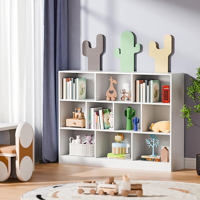 Cozy Castle White Bookshelf, 3-Tier Open Shelf Bookcase, 10 Cube Storage Organizer with Anti-Tilt Device, Freestanding Horizontal Bookshelf Cube Shelf for Bedroom, Living Room