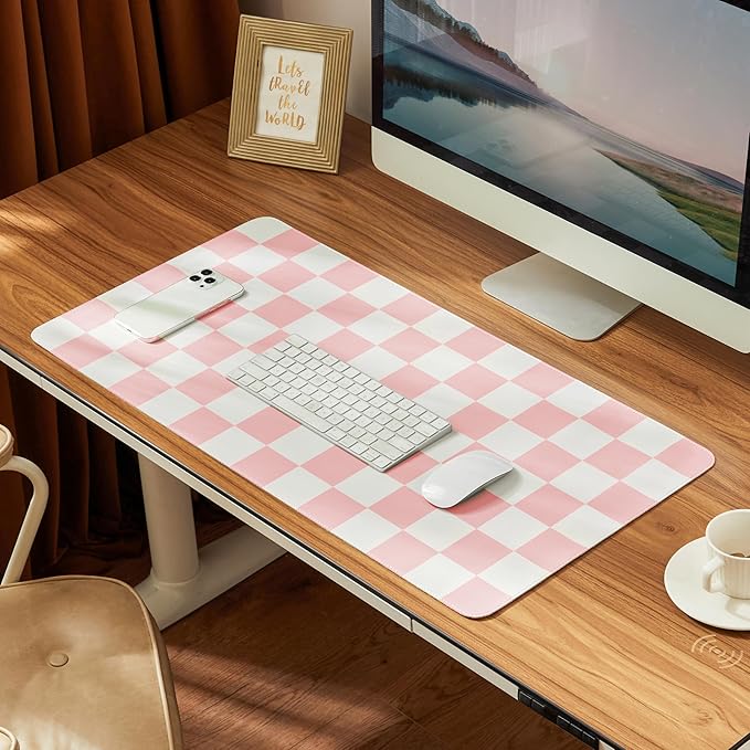 Ohocut Checkered Desk Mat, 31.5" x 15.7" Large Cute Pink Aesthetic Girl Women Accessories, PU Leather Computer Laptop Desk Mat, Mouse Keyboard Pad, Desk Writing Makeup Mat for Vanity Work/Home Decor