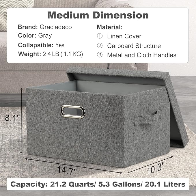 Graciadeco Medium 15" 21 Quart Collapsible Stackable Storage Bins with Lids, 1 Pack Gray Foldable Fabric Closet Storage Boxes with Lids, 4 Handles Heavy-duty Linen Cube Baskets for Bedroom