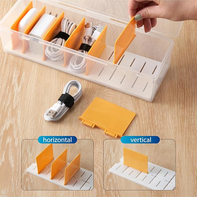 Fzooua 2 Pack Cable Organizer Storage Box with 16 Cable Ties, Clear Phone Charger Organizer Case Wire Organizers for Cords Electronic Storage Box for Drawer Desk Office Home