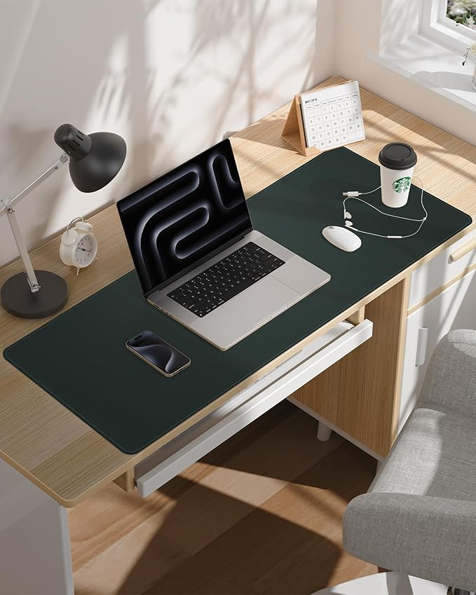 Leather Desk Pad Protector - 48" x 17" Non-Slip PU Leather Large Mouse Pad, Waterproof Desk Blotter Mat for Office and Home (Dark Green)