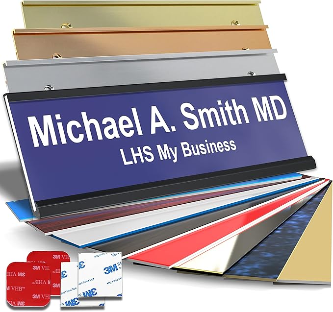 Personalized Name Plate with Choice of Mounting for Walls, Doors, Desk Holders, Cubicles, Hanging and More - Custom Purple Plastic White Letters - USA Made 2x8 - B13