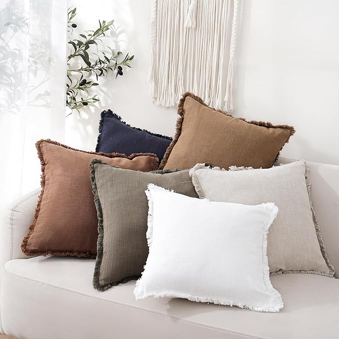 Foindtower Set of 2 Decorative Linen Fringe Throw Pillow Covers Cozy Boho Farmhouse Cushion Cover with Tassels Soft Accent Pillowcase for Couch Sofa Bed Living Room Home Decor, 22×22 Inch, Khaki Brown