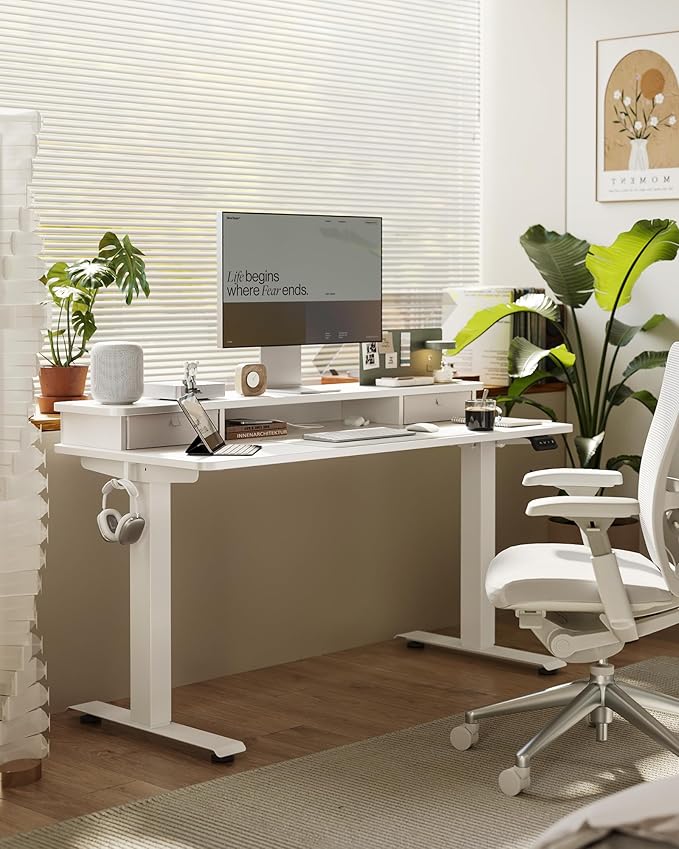 FEZIBO 40 x 24 Inch Height Adjustable Electric Standing Desk with Double Drawer, Stand up Home Office Computer Desk with 4 Height-Adjustable Feets & 2 Hooks, White