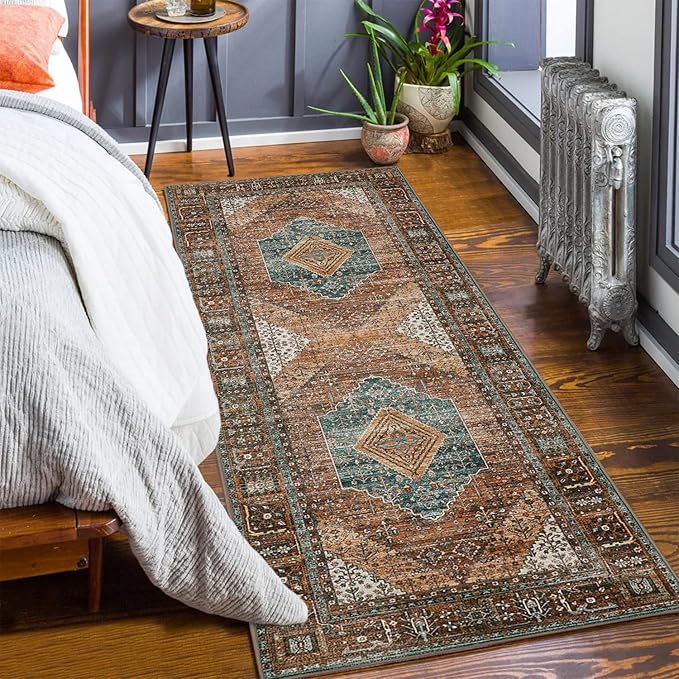 GENIMO 2x5 Runner Rugs for Hallway, Machine Washable Non Slip Vintage Retro Rugs, Low Pile Lightweight Soft Print Rug for enrtyway, Corridor, Home Office, Kitchen, VVintage Brown/Blue