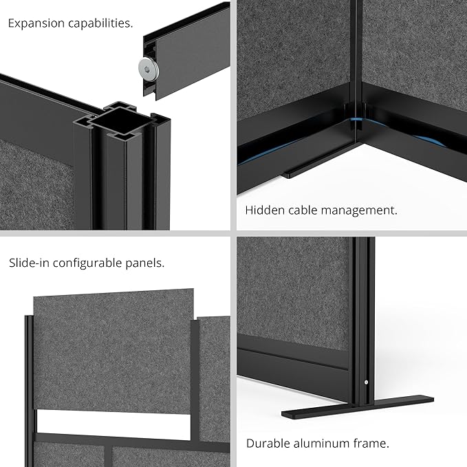 Stand Up Desk Store Workflow Wide Modular Wall | 53'' x 70'' Wall | Expandable Partition Room Divider with Rearrangeable Frosted Acrylic, Sound Absorbent and Whiteboard Panels (Black Frame)
