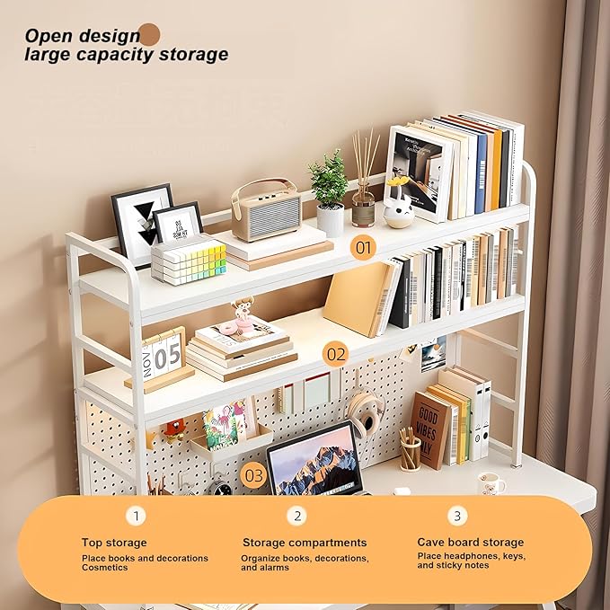 ZWCQSYS 2-Tier Desktop Bookshelf Hutch - Metal Desk Shelf Bookcase with Desk Pegboard Countertop Storage Organizer Rack for Dorm or Office (A, 90cm/35.4in)