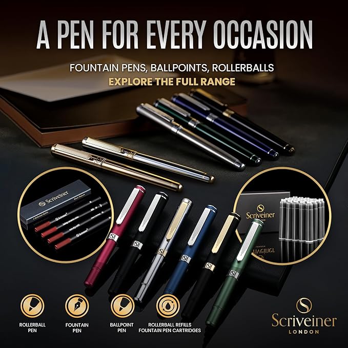 Scriveiner Luxury EDC Fountain Pen (Fine), Stunning Matt Blue Pocket Pen, Chrome Finish, Schmidt German Nib, Converter, Best Writing Pen Gift Set for Men & Women, Nice Fancy Office Designer Pen