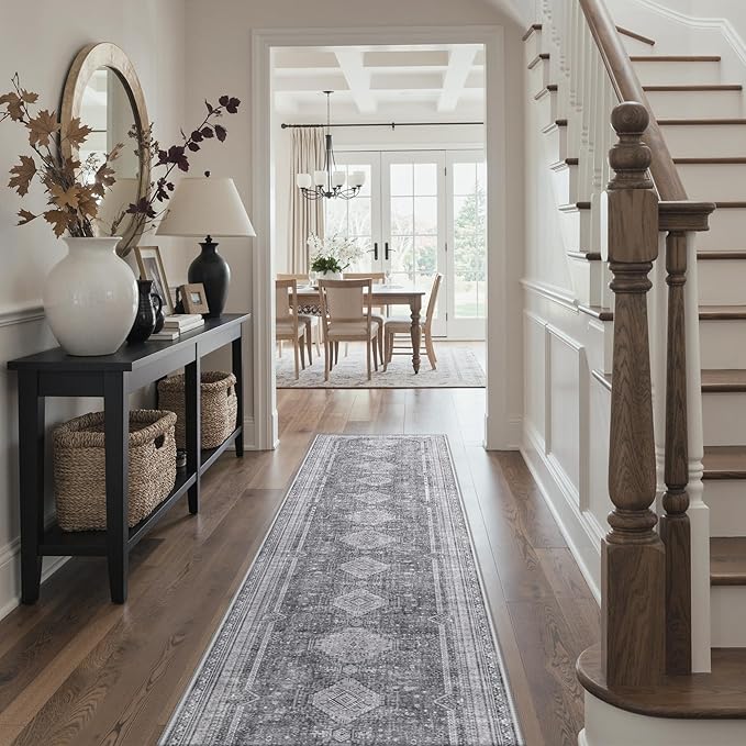 GENIMO Runner Rug 2x12 Non Slip Machine Washable Hallway Runner Rug, Low Pile Lightweight Rugs for Entryway, Hallway, Kitchen and Corridor, Vintage Grey