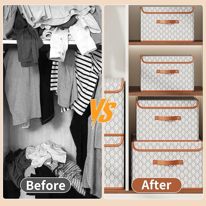 Tuza 2 Pack Fabric Storage Bins with Lids, Collapsible Closet Organizer Container, Decorative Storage Boxes with Lids for Organizing Clothes, Blanket, Grey & White, Medium