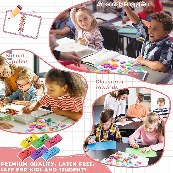 Yaomiao 180 Pcs Inspirational Erasers for Kids Bulk Pencil Beveled Erasers Colorful Motivational Gifts Bulk for Kids Students Classrooms, Drawing, Back to School