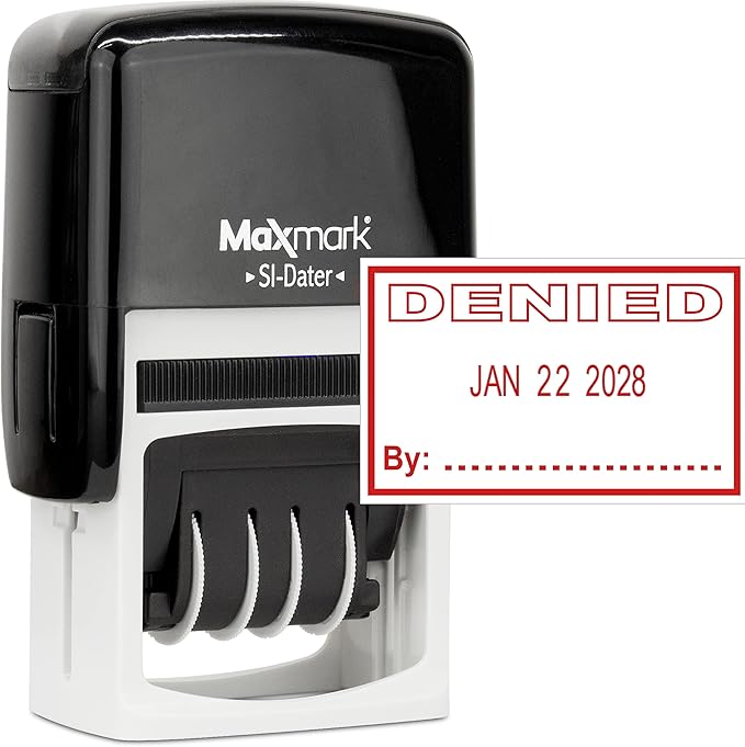 MaxMark Office Self Inking Date Stamp with Phrase Denied - Red Ink