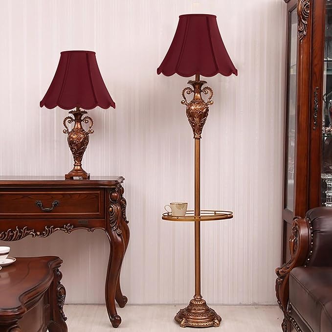GOSO Scallop Burgundy Lamp Shades Set of 2 Medium Red, Bell Lamp Shade for Table Lamp,Floor Lamps Replac Braids with Petal Edges, 6×13×9.8 Inch Spider Easy Assembly Art Decor Shades for Bedroom