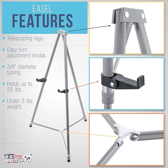 U.S. Art Supply 66" High Gallery Silver Aluminum Display Easel and Presentation Stand (Pack of 4) - Large Adjustable Height Portable Floor and Tabletop Tripod, Holds 25 lbs, Paintings, Signs, Posters